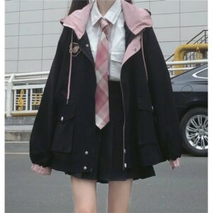 韓国のかわいい黒ピンクのジャケット