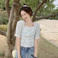 Корейская милая блузка с пышными рукавами и цветочным принтом Лук кавайи