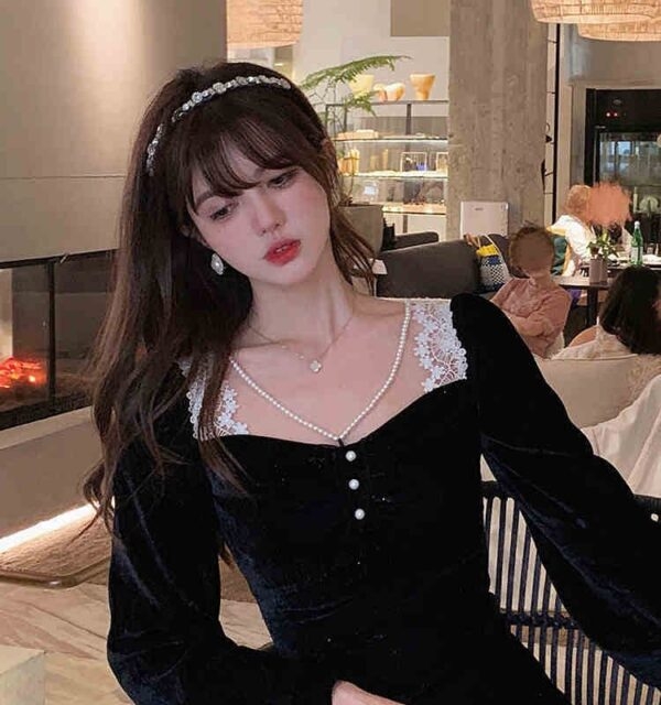 Корейское винтажное черное кружевное платье миди Французский каваи