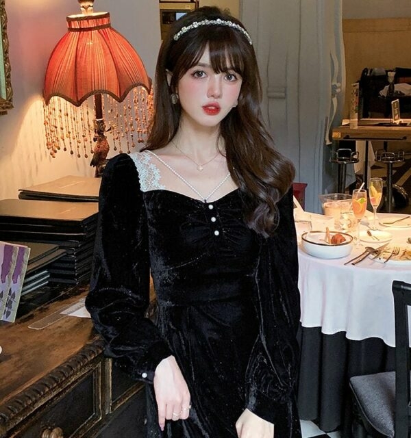 한국 빈티지 블랙 레이스 미디 드레스 프랑스어 카와이