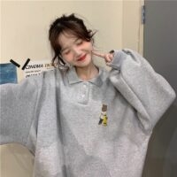 Sweat-shirt à col polo gris d'hiver coréen Kawaii coréen