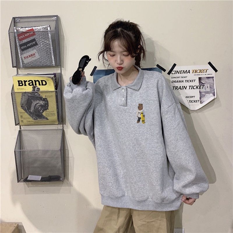 Sweat-shirt à col polo gris coréen d'hiver