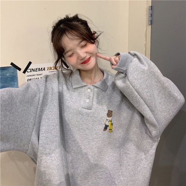 Koreansk vintergrå sweatshirt med polokrage