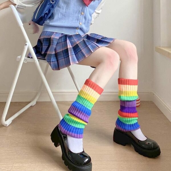 Coprigambe lavorato a maglia arcobaleno Lolita Kawaii giapponese