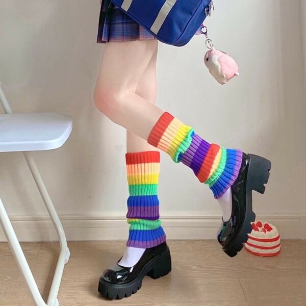 غطاء قدم محبوك من لوليتا بألوان قوس قزح كاواي ياباني