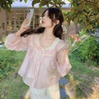 Rosa Vintage-Lolita-Bluse mit Spitzenschleife Französisches Kawaii