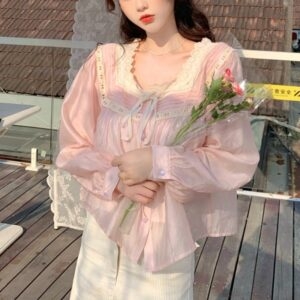 Camicetta Lolita con fiocco in pizzo vintage rosa Kawaii francese