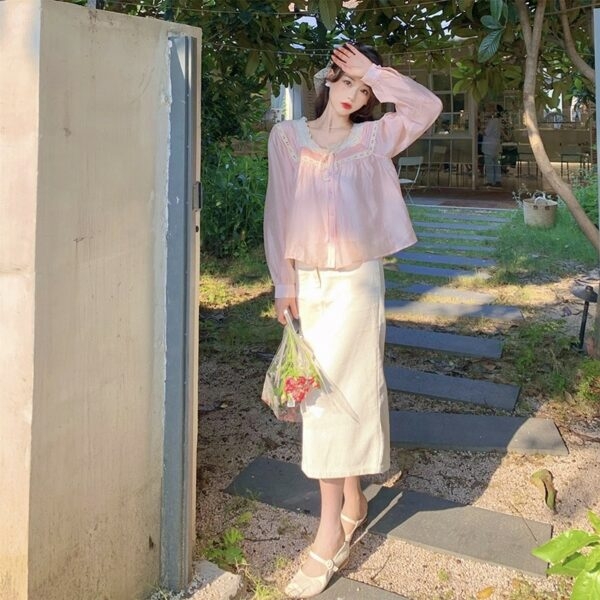 Roze vintage kanten strik Lolita blouse Franse kawaii