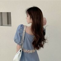 Vintage elegant puffärmad kort klänning Puff Sleeve kawaii