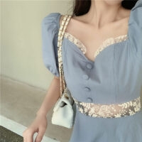 Vintage elegant puffärmad kort klänning Puff Sleeve kawaii