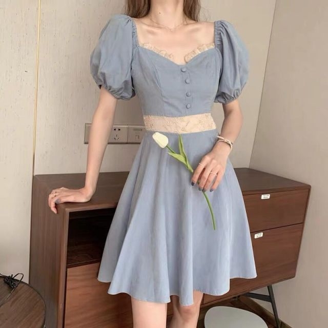 Vintage elegante pofmouwen korte jurk