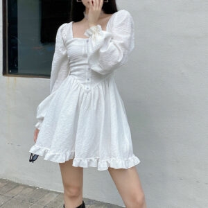 Vintage Puff Sleeve White Mini Dress - Kawaii Fashion Shop | Cute Asian ...