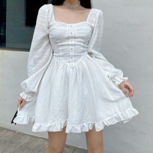 Vintage witte mini-jurk met pofmouwen Mini-jurkje kawaii