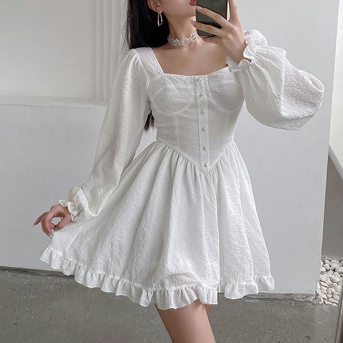 Vintage Puff Sleeve White Mini Dress - Kawaii Fashion Shop | Cute Asian ...