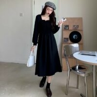 Vestido francês vintage preto franzido Kawaii elegante