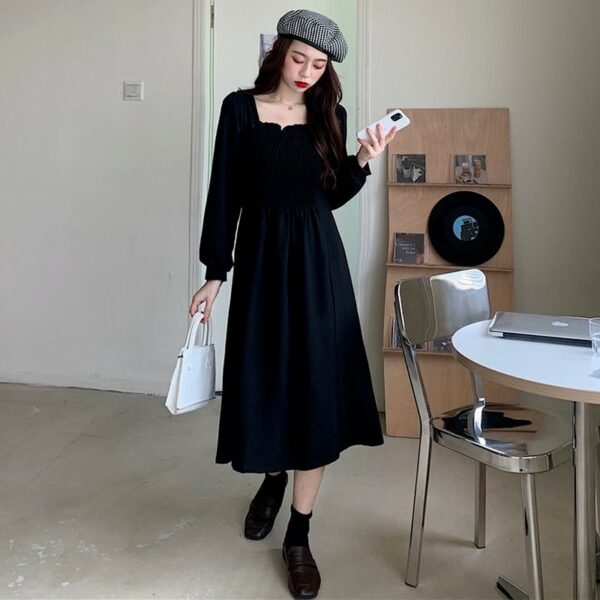 فستان Ruched أسود فرنسي عتيق كاواي أنيق