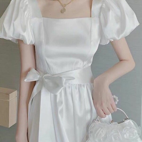 Vestido longo francês vintage com manga bufante branco Vestido longo kawaii