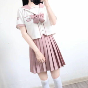 Japanese Pink Sailor Uniforms Pleated Skirt Sets