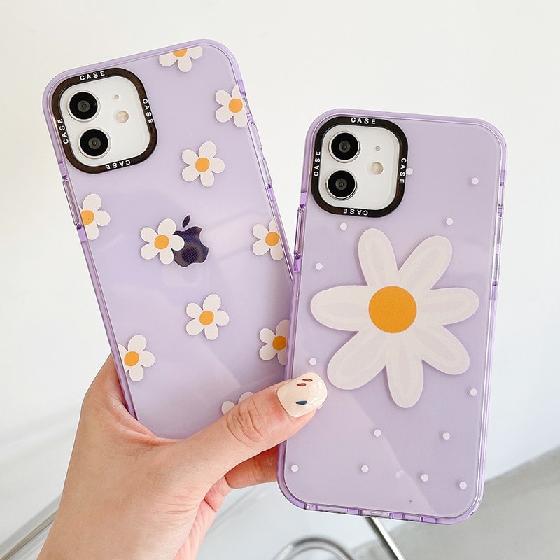 Coque transparente esthétique Purple Daisy pour iPhone X XR XS SE 7 8 11 12  13 14 15 Pro Mini Plus Pro Max