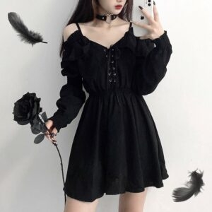 Vestido gótico fora do ombro sexy manga comprida preto kawaii