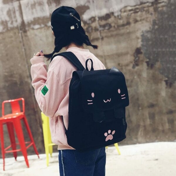حقيبة ظهر قماشية سوداء لطيفة على شكل قطة قماش كاواي