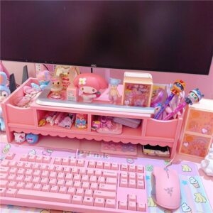 رف خشبي للكمبيوتر المحمول باللون الوردي كاواي منظم مكتب كاواي