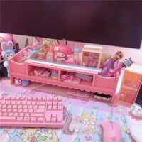 Organisateur de bureau avec étagère en bois pour ordinateur portable rose Kawaii Support kawaii