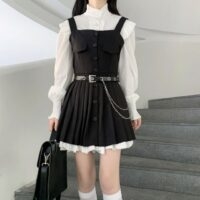 Kawaii French Black Suspender Dress - Full set(4-pcs set), One Size