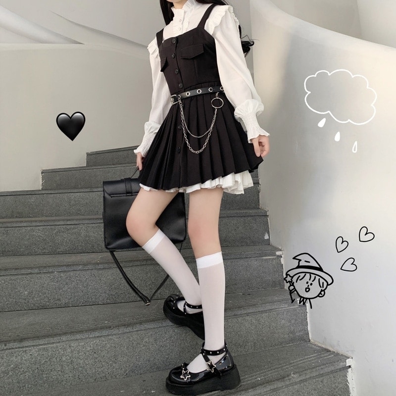Kawaii French Black Suspender Dress - Full set(4-pcs set), One Size