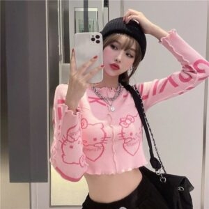 Suéter ajustado de dibujos animados rosa kawaii