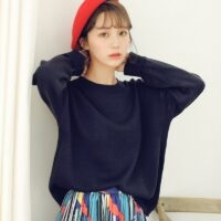 Suéteres soltos da moda com decote em O Kawaii de manga comprida