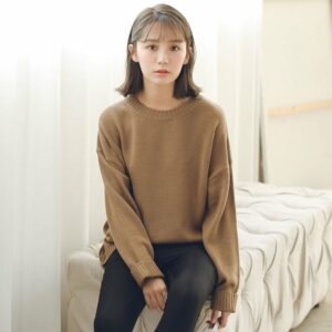 패션 루즈한 솔리드 O 넥 스웨터 긴 소매 카와이