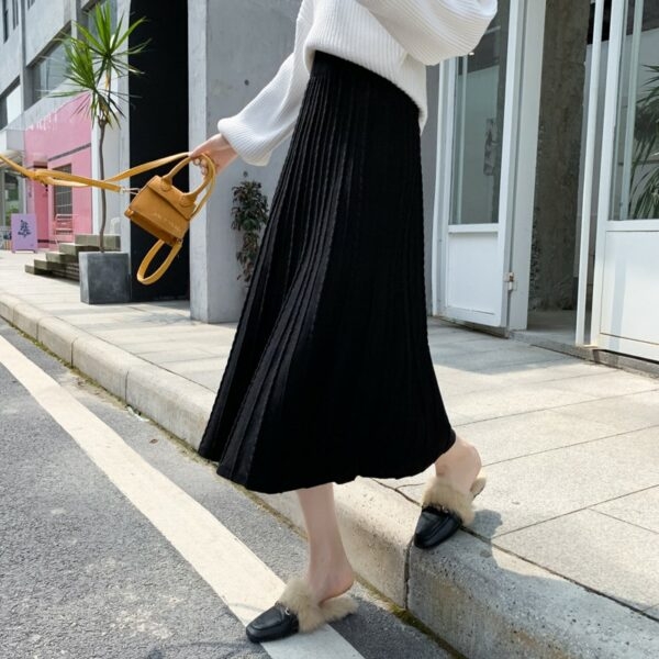 和風カジュアルチェック柄プリーツ流れるミディスカート日本のかわいい