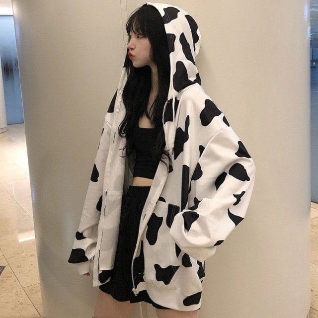 Felpe con cappuccio stampate Kawaii Fashion Milk Cow