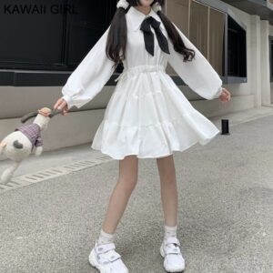 Vestido coreano branco doce de uma peça fofo kawaii