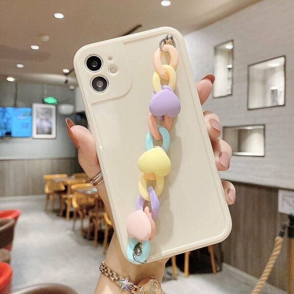 Custodia per iPhone con catena da polso alla moda con cuore arcobaleno Cuore kawaii
