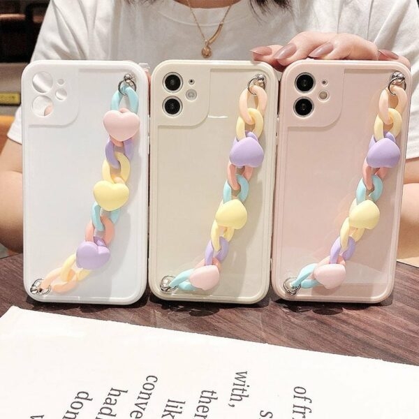 Custodia per iPhone con catena da polso alla moda con cuore arcobaleno Cuore kawaii