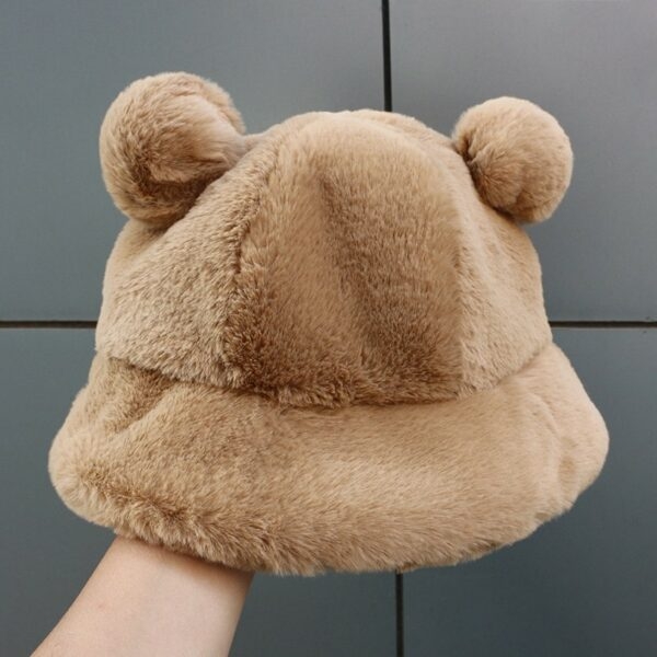 Puszysty kapelusz typu Bucket z misiowymi uszami Kawaii Niedźwiedzie Uszy