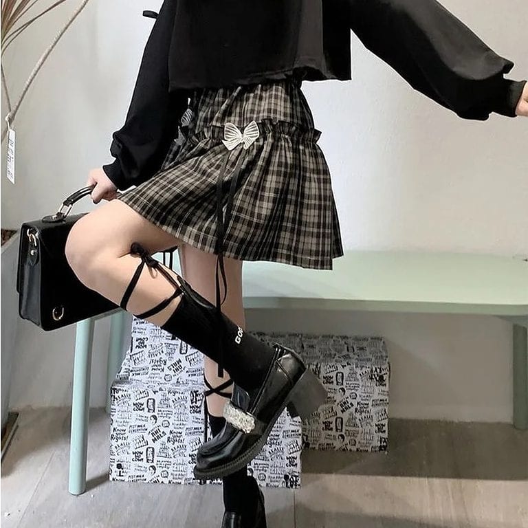 Kawaii Goth Plaid Bow Skirt - Kawaii Fashion Shop | Cute Asian Japanese ...
