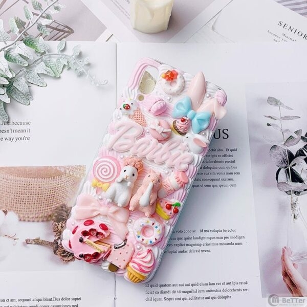 Custodia per iPhone con fiore di coniglio 3D carino Kawaii fai da te