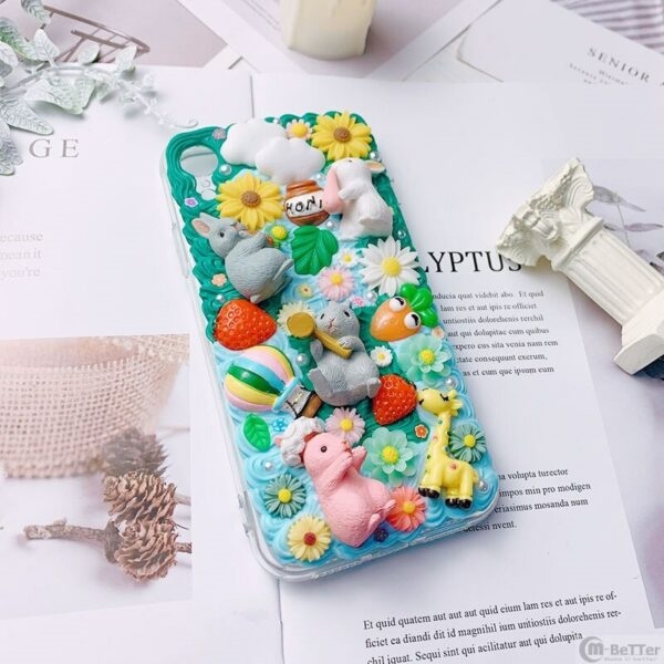 Custodia per iPhone con fiore di coniglio 3D carino Kawaii fai da te