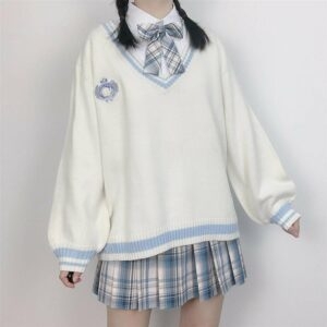 Pull d'uniforme scolaire japonais blanc à col en V