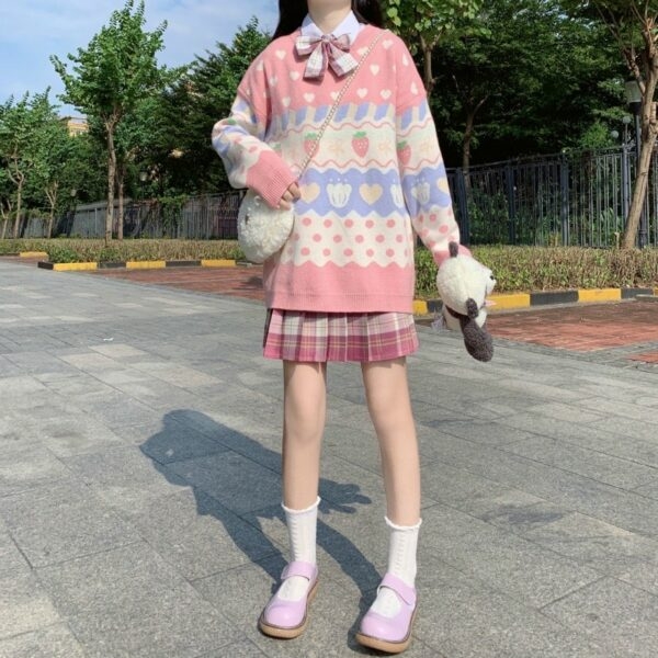 Kawaii Vintage Pink Strawberry Sweater japansk kawaii