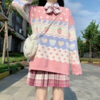 카와이 빈티지 핑크 딸기 스웨터 일본어 귀엽다