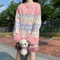 Sweter Kawaii Vintage w kolorze różowym i truskawkowym Kawaii japońskie