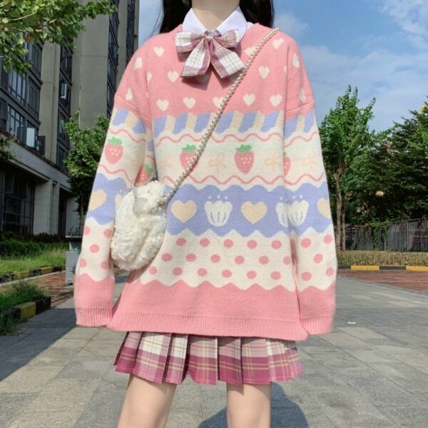 Sweter Kawaii Vintage w kolorze różowym i truskawkowym Kawaii japońskie
