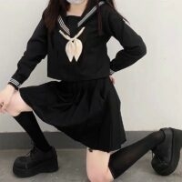 Conjunto de saia plissada com blusa de marinheiro preta japonesa Kawaii japonês