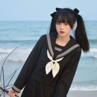 Японский черный костюм, матросская блузка, плиссированная юбка, комплект японский каваи