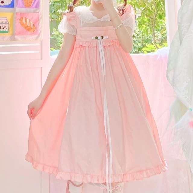 Japansk mjuk tjej rosa spets midiklänning