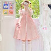 Японское мягкое розовое кружевное платье миди для девочек Лук кавайи